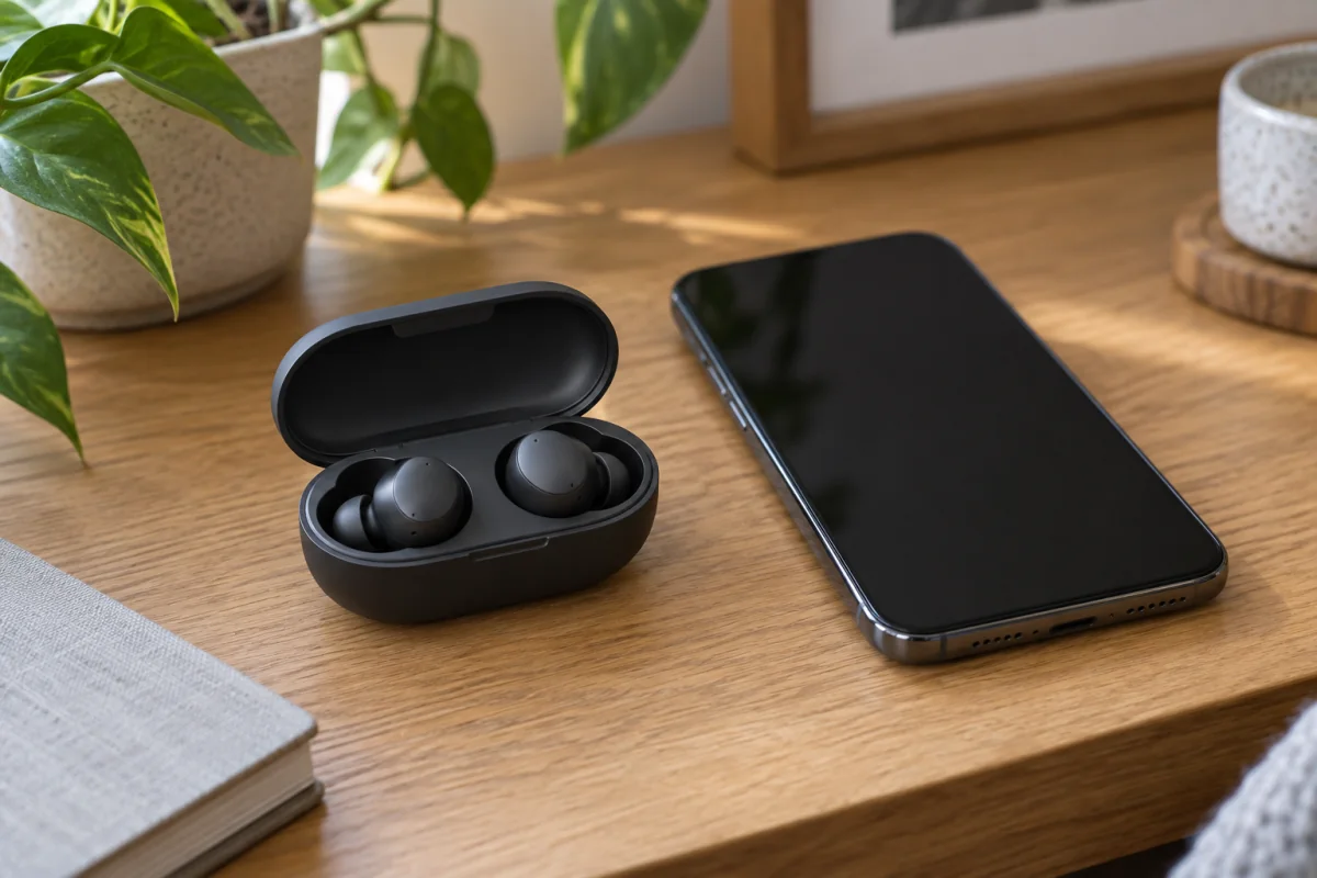 Generic wireless earbuds in an open charging case beside a phone with a dark screen