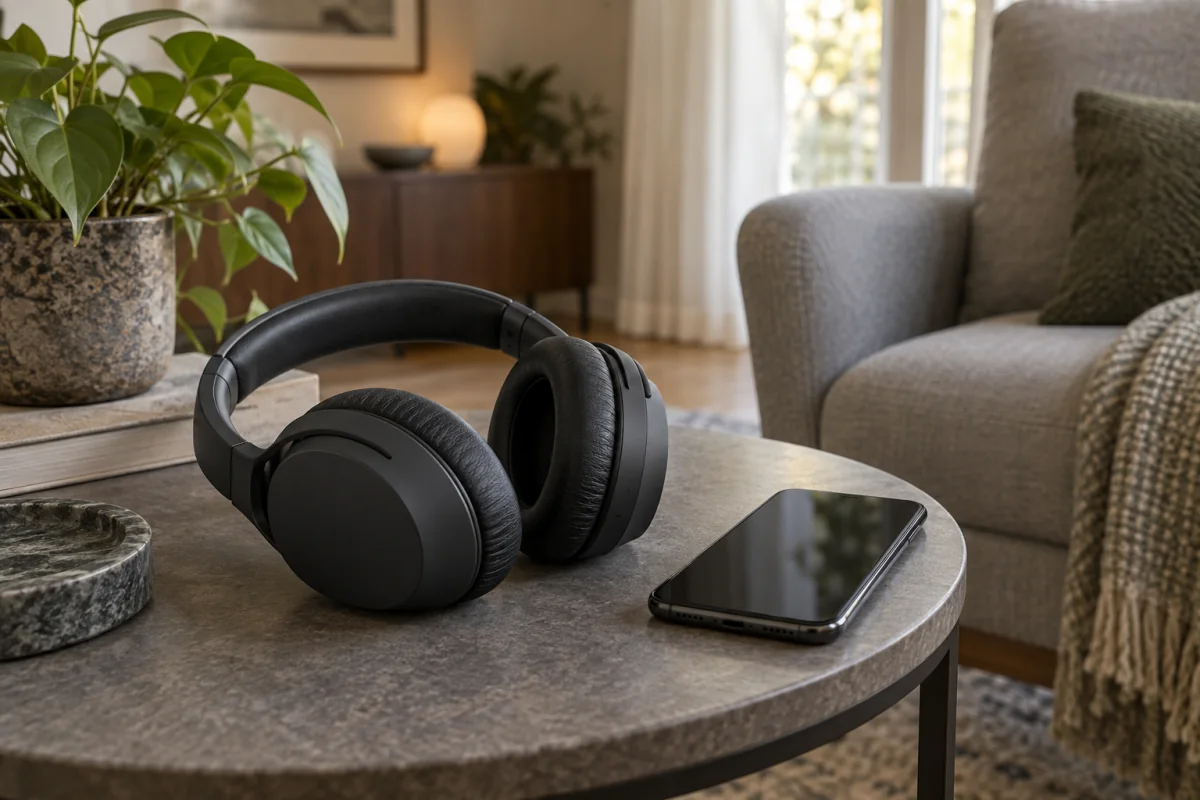 Plain over-ear wireless headphones and a dark-screen phone in a quiet listening corner