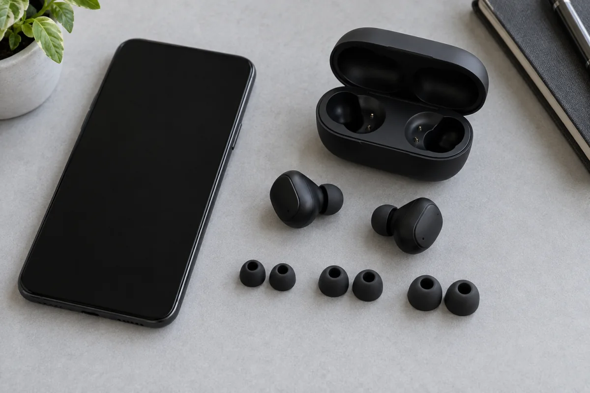 Wireless earbuds and spare silicone ear tips arranged beside a phone with its screen off