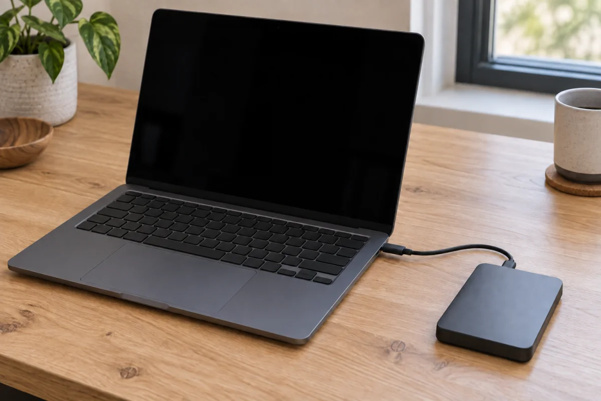 An external backup drive connected to a laptop by one USB cable.
