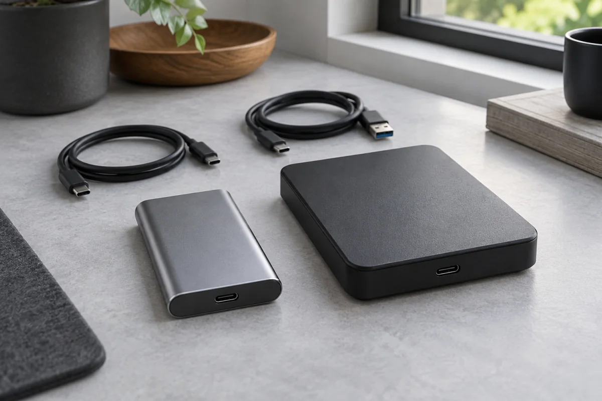 A small portable solid-state drive beside a larger external hard-drive enclosure.
