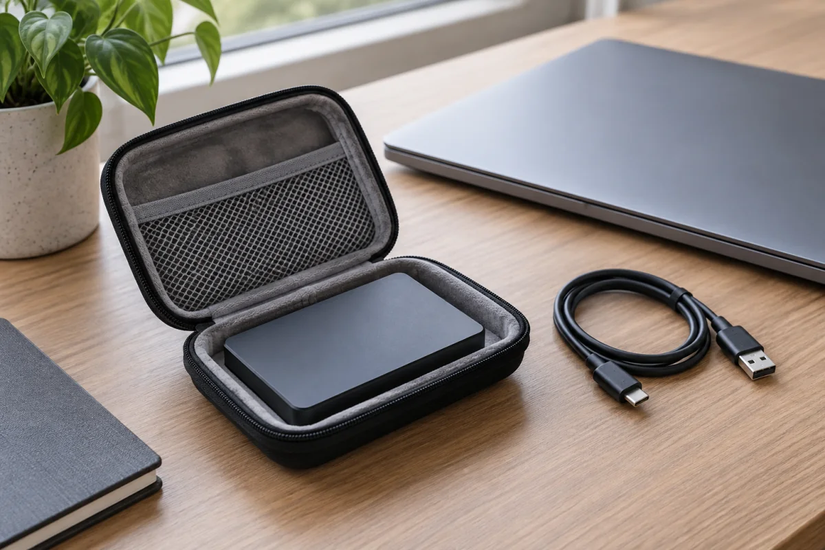 A spare backup drive stored in a padded case beside a closed laptop.