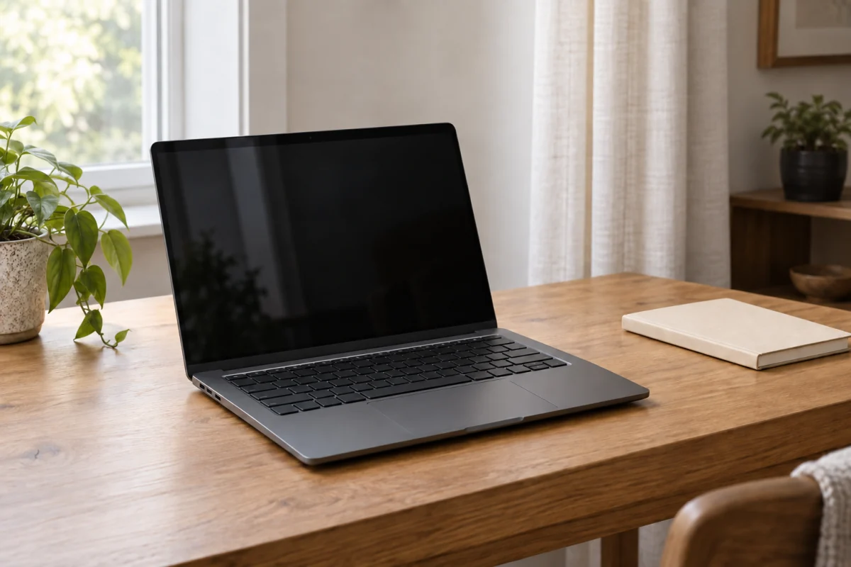 An unplugged laptop with a dark screen sits on a clear wooden desk beside a closed notebook.