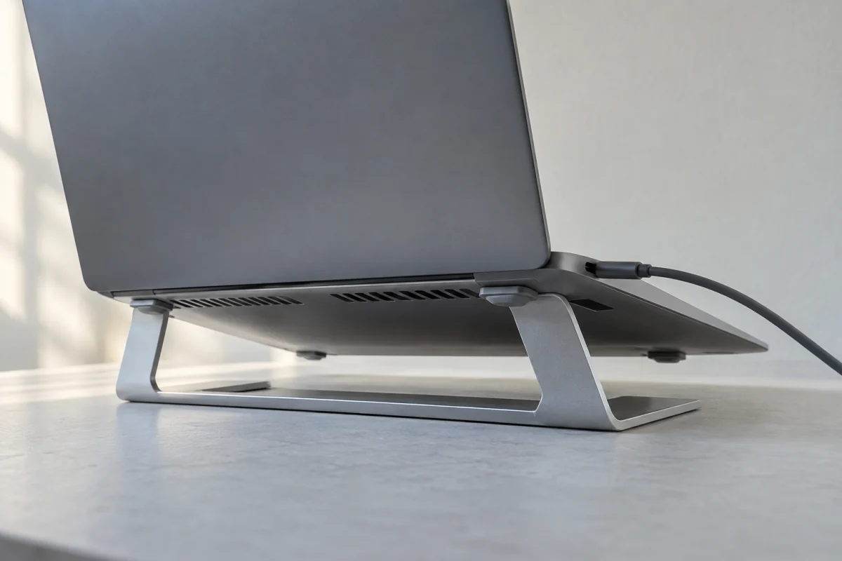 A laptop rests on an open metal stand with clear space around its underside vents.
