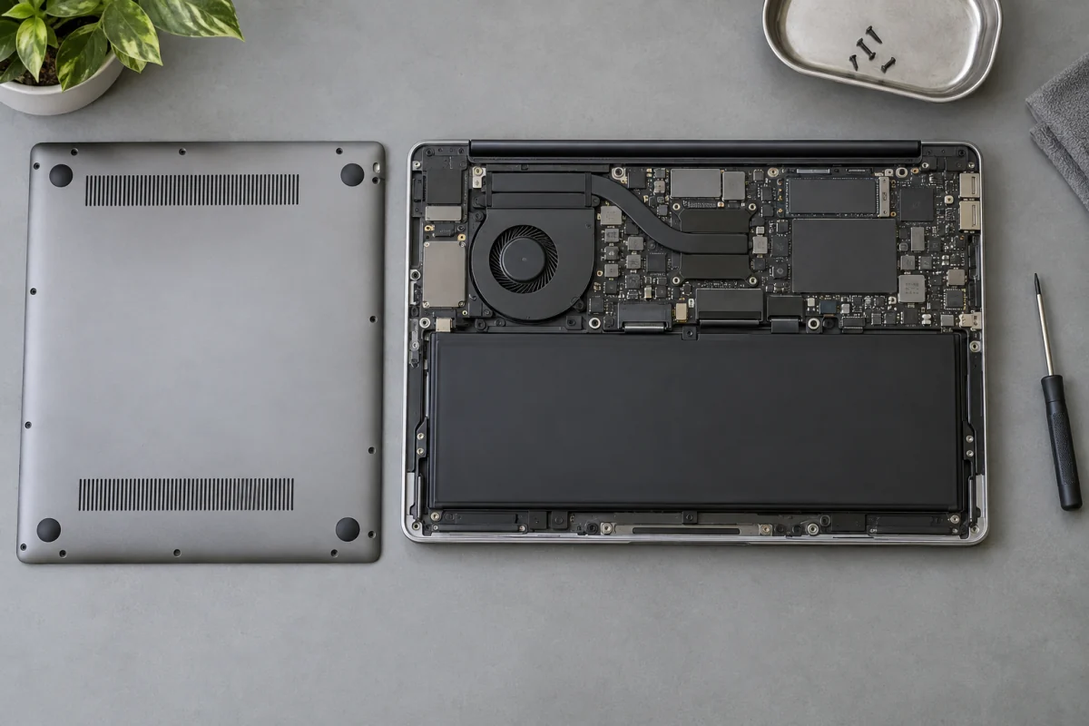 A powered-off laptop with its bottom cover removed shows a plain battery pack, cooling fan and internal components.