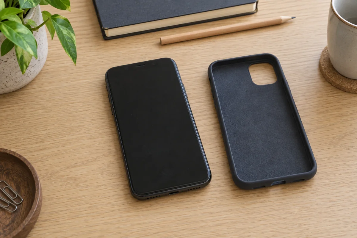 An unbranded smartphone on a tidy desk beside its removed protective case.