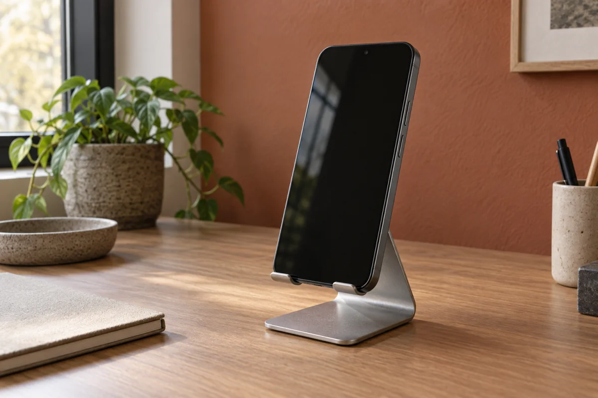 A smartphone resting upright on a stand for a phone-settings troubleshooting guide.