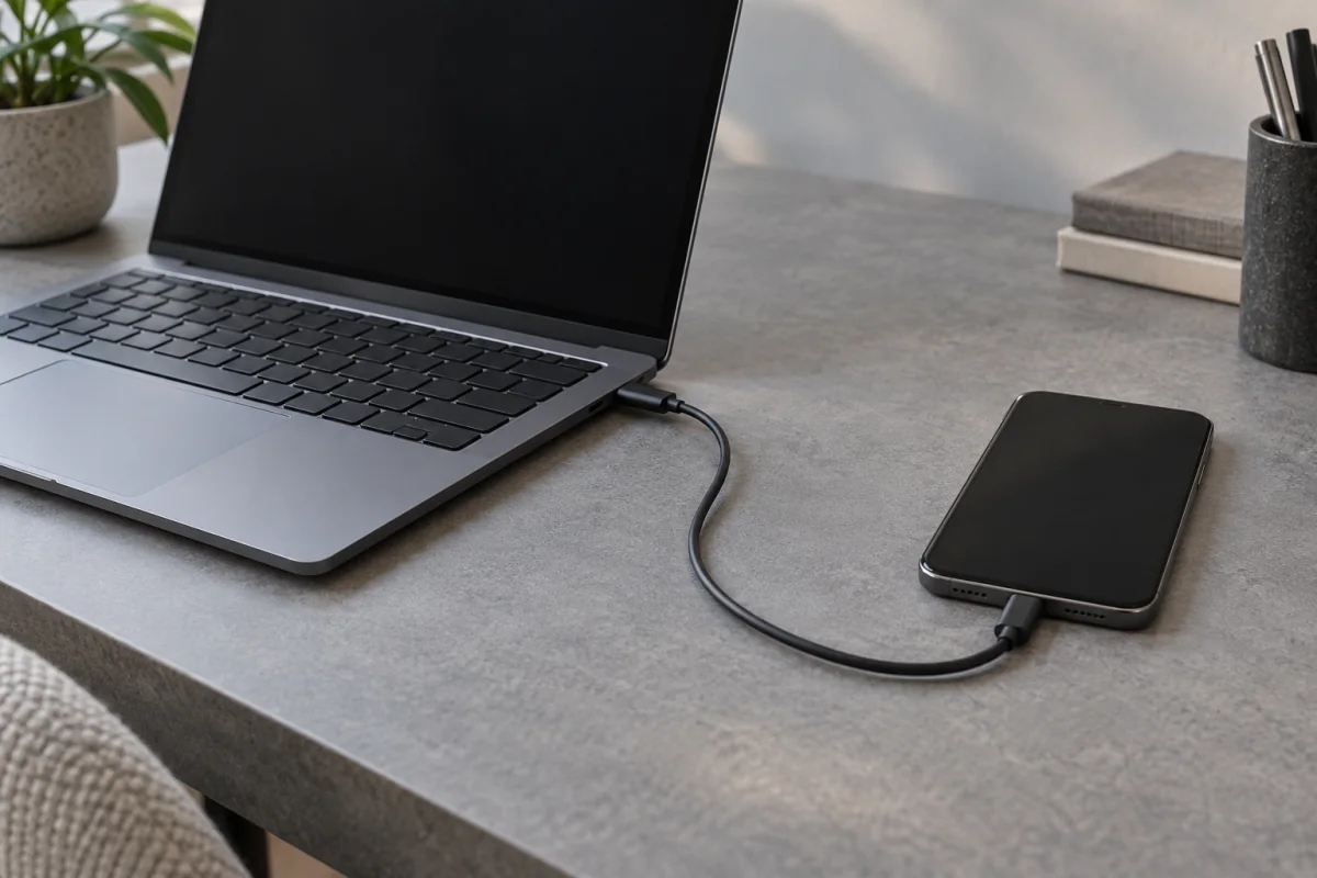 A phone connected to a laptop by a USB cable for a backup before resetting.