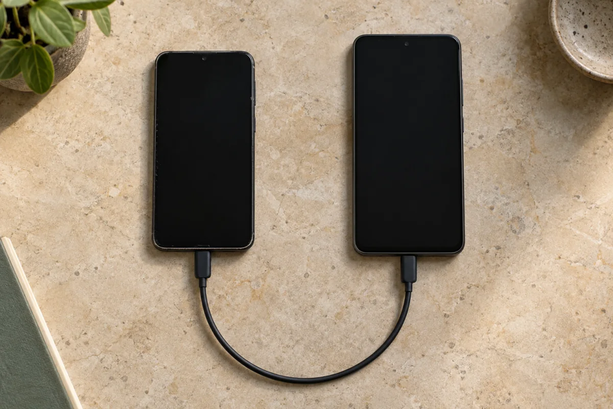 Two unbranded smartphones joined by one USB-C cable on a desk.