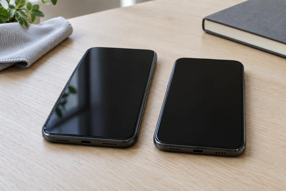 Two phones placed side by side for a wireless phone-transfer setup.
