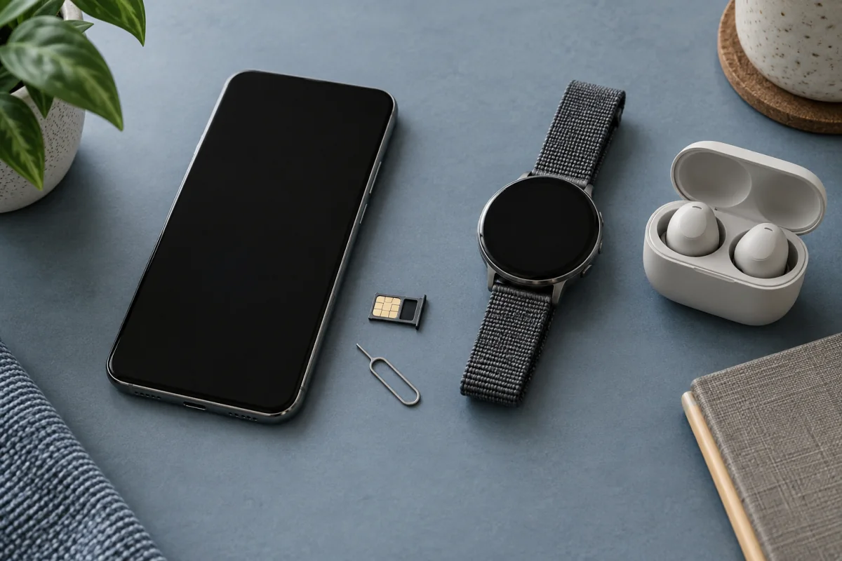 A phone with its SIM tray, a smartwatch and earbuds ready for manual setup.