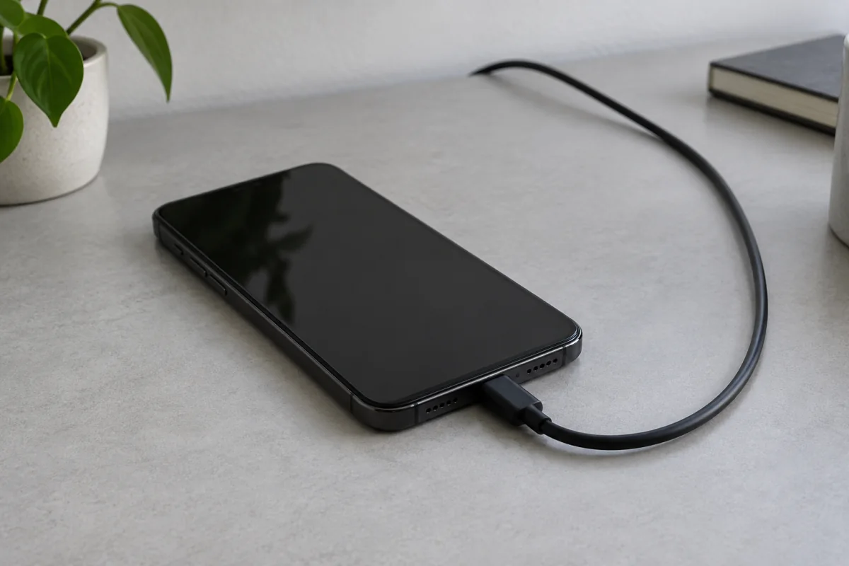 An unbranded smartphone connected to a charging cable on an uncovered desk.