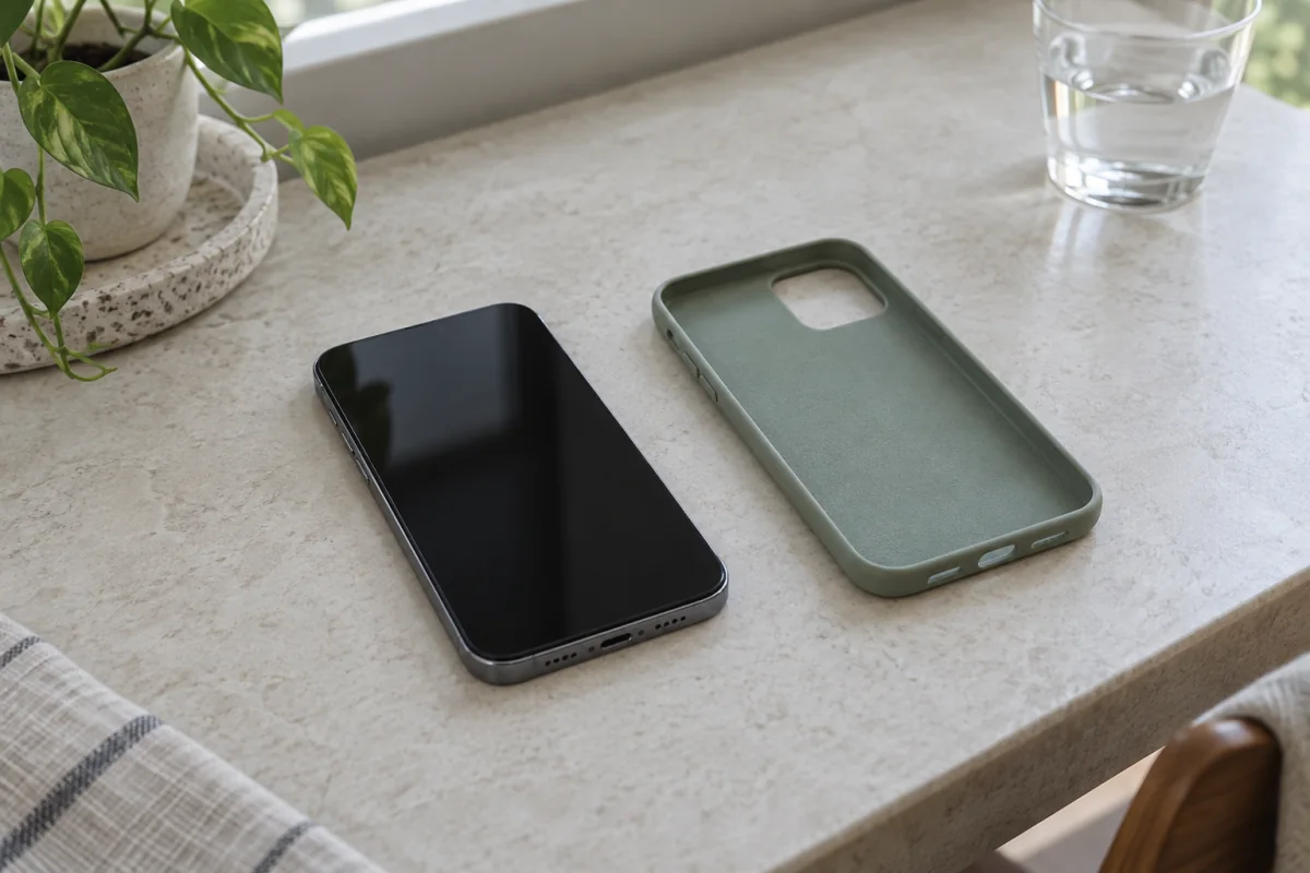 A phone and its removed case resting in shade on a cool tabletop.