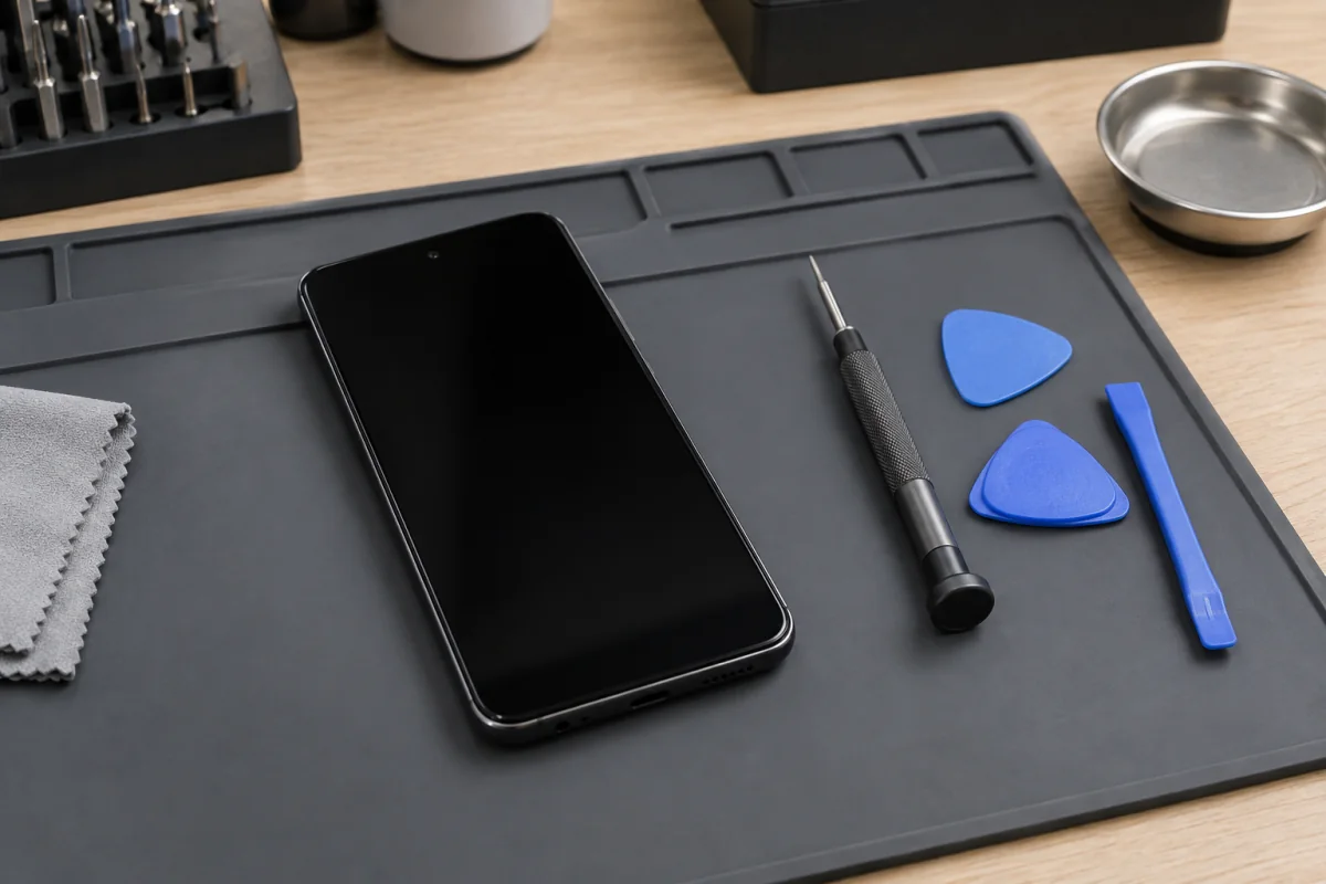 An intact phone on a repair mat beside precision tools for professional service.