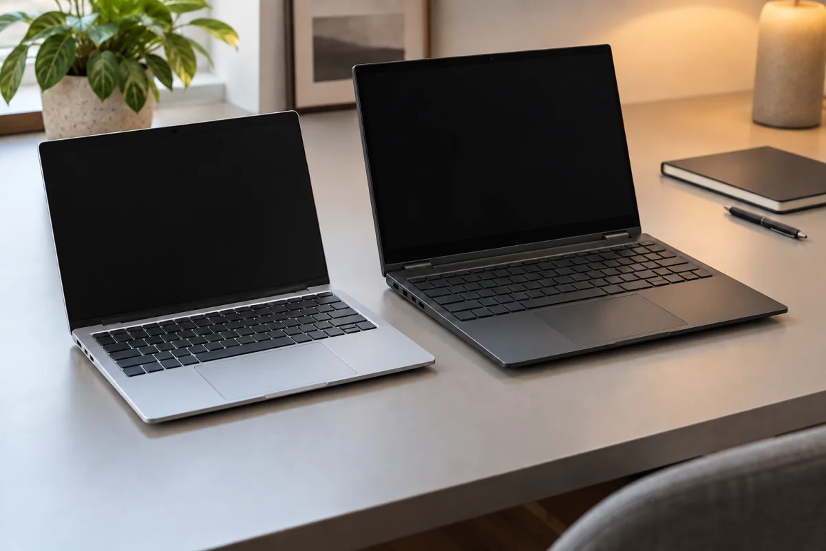 Two generic laptops of different sizes on a desk for a laptop-buying guide.