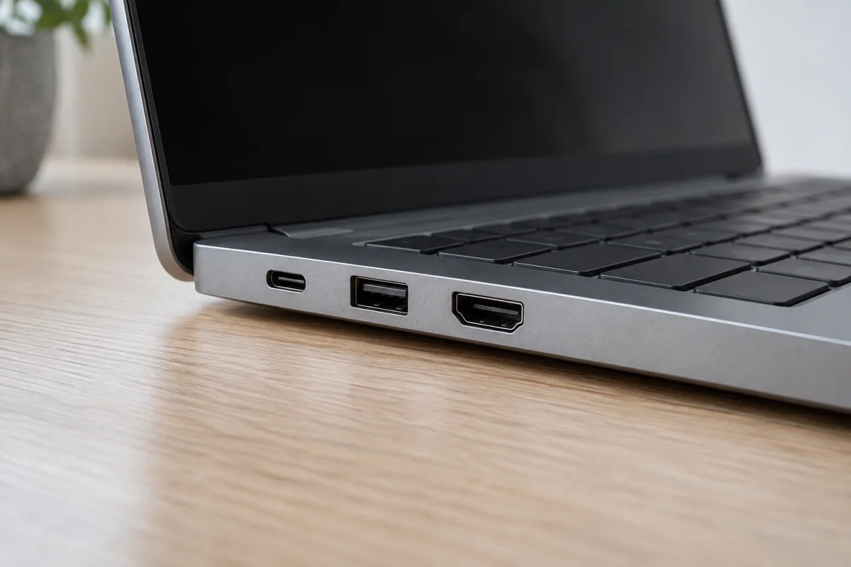 Close view of a laptop's screen hinge and side ports on a wooden desk.
