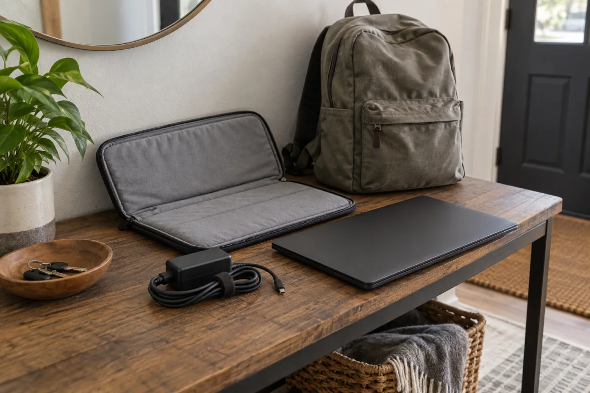 A compact laptop beside a travel sleeve and backpack for portable everyday use.