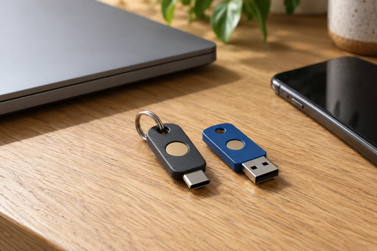 Two unbranded hardware security keys beside a closed laptop and a phone on a home desk.