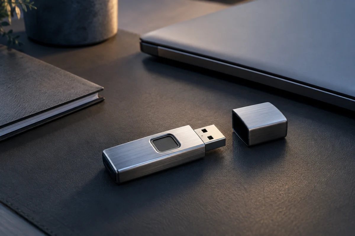 A compact metal USB drive with a fingerprint sensor rests beside a closed laptop and a document folder.