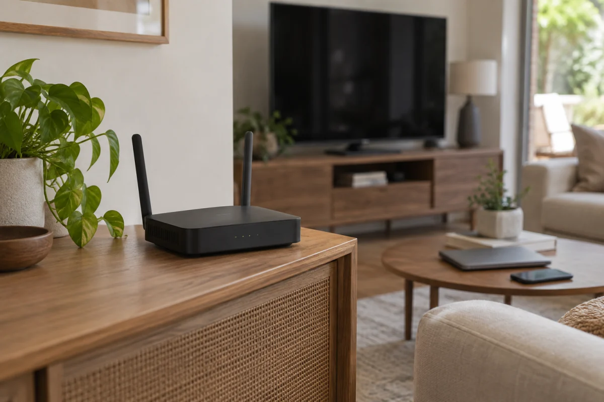 A generic wireless router sits in an airy living room near a laptop and television with dark screens.