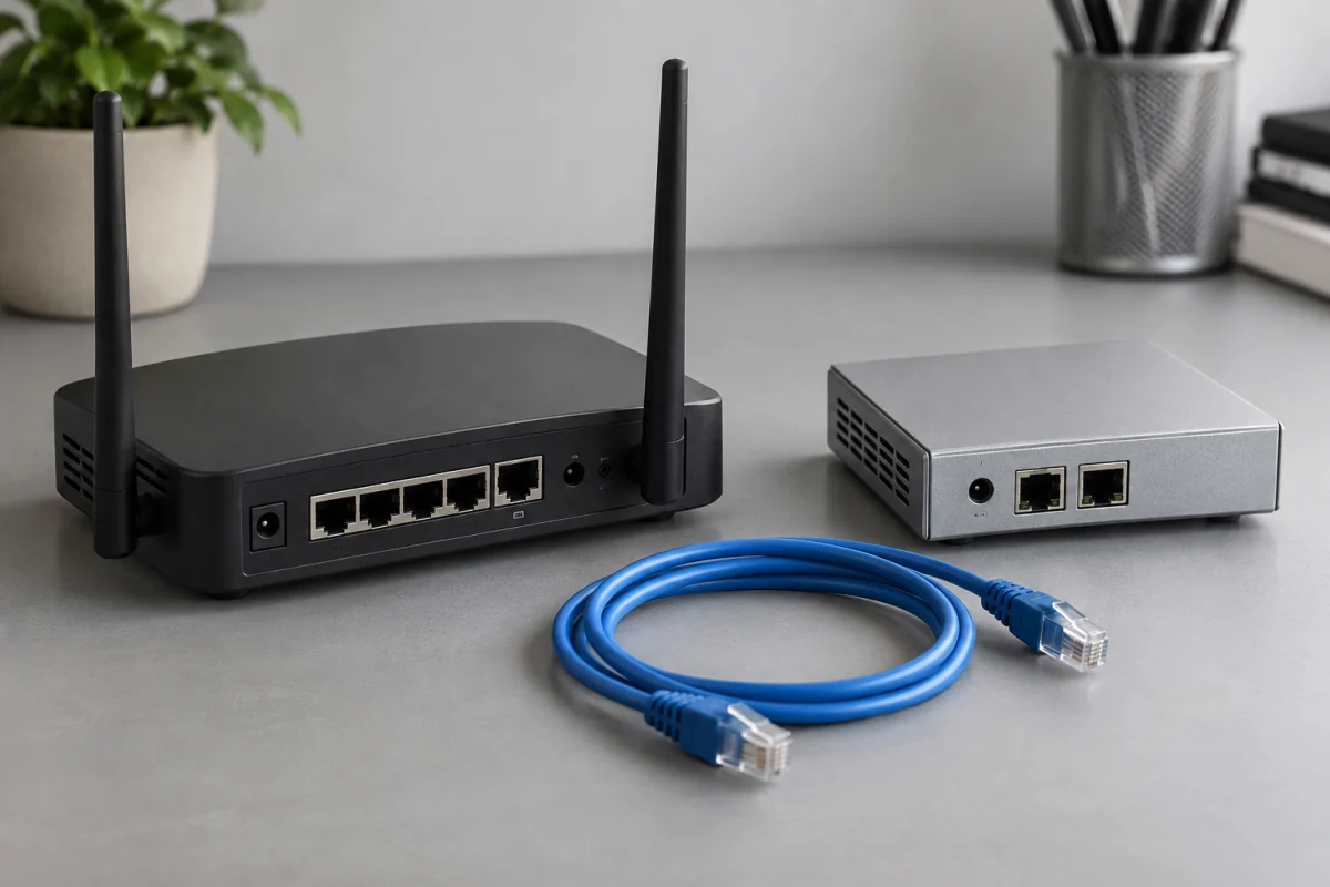 A home router and a compact gateway box on a desk illustrate different network hardware options.