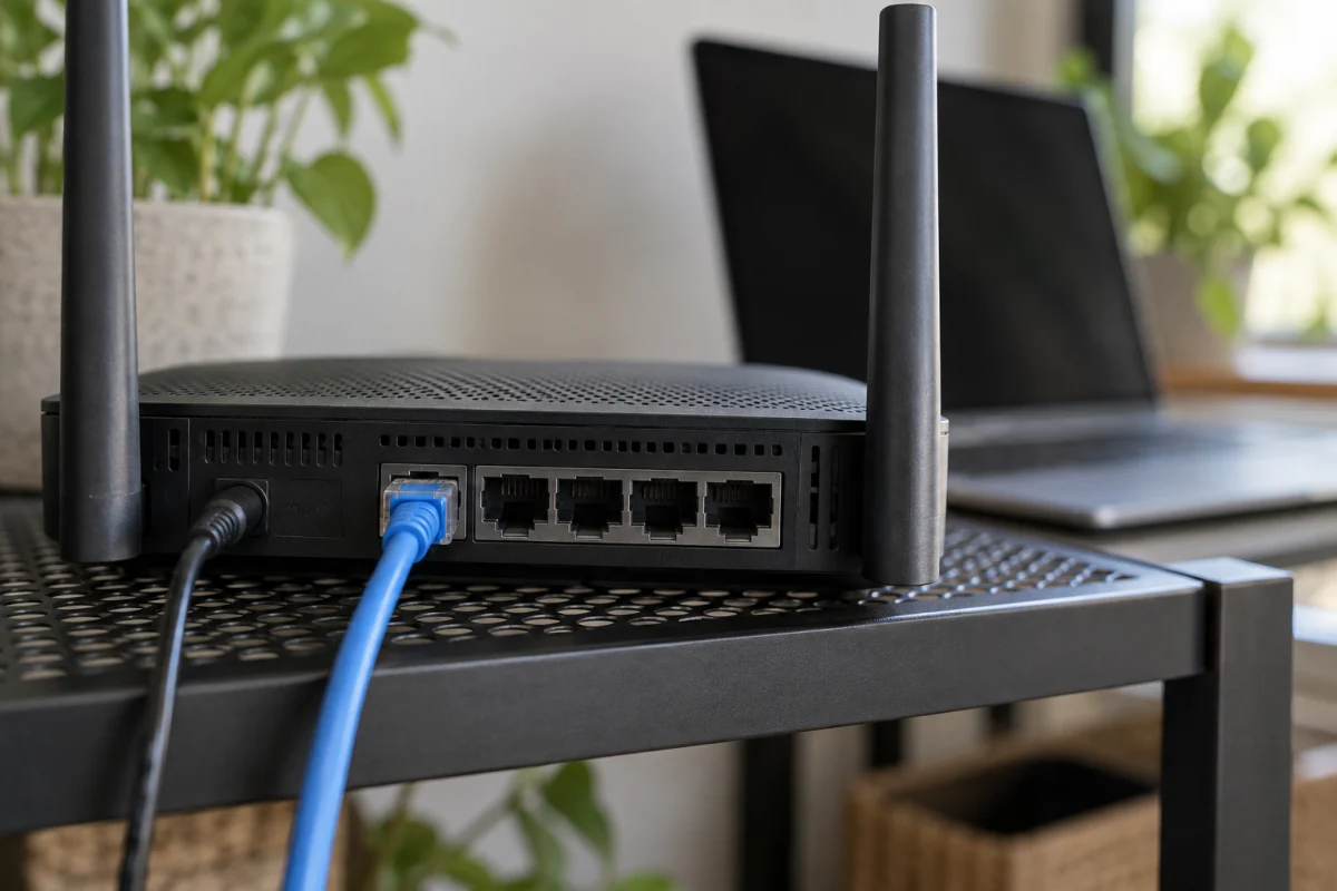 An Ethernet cable connects to the back of a router beside a laptop with its screen off.