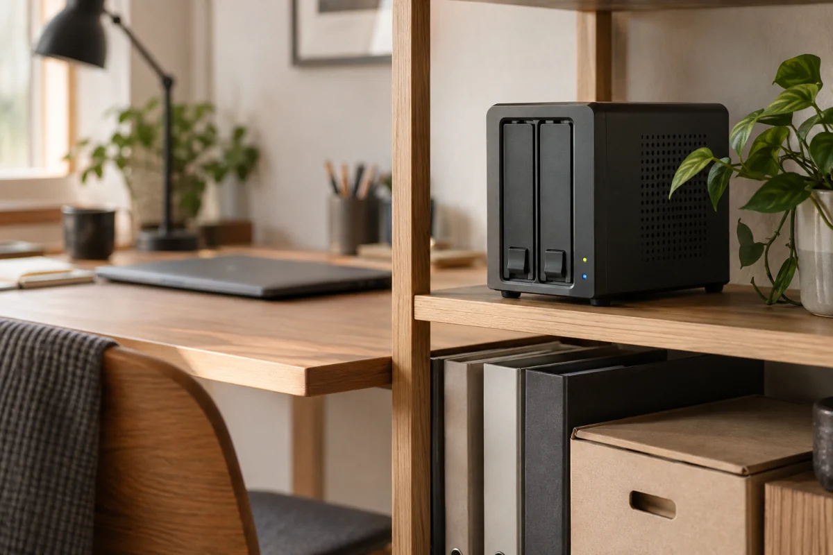 A compact two-bay network storage enclosure sits on a ventilated shelf in a home office.