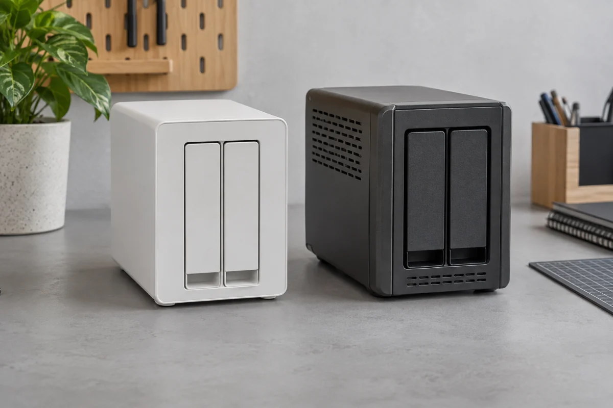 Two unbranded two-bay storage enclosures show different layouts and practical hardware choices.