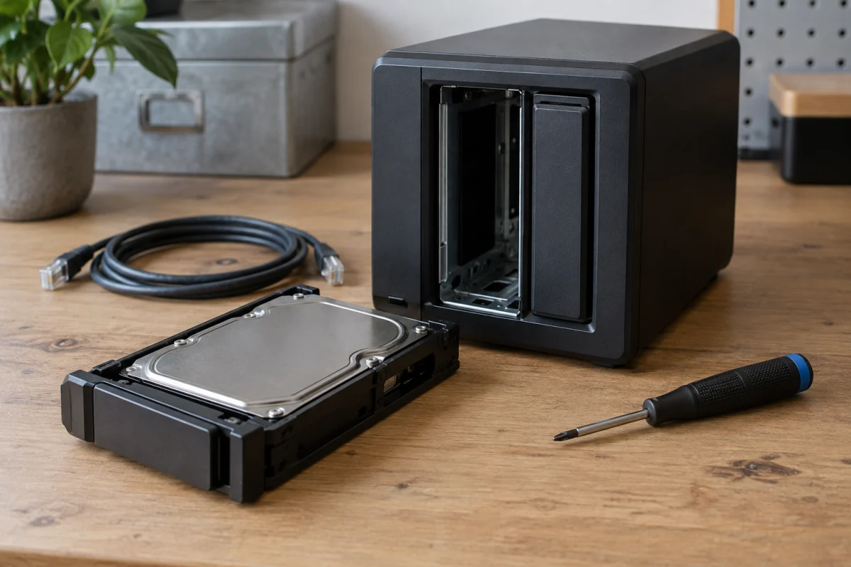 A two-bay storage enclosure with one drive tray removed sits ready for setup on a clear workbench.