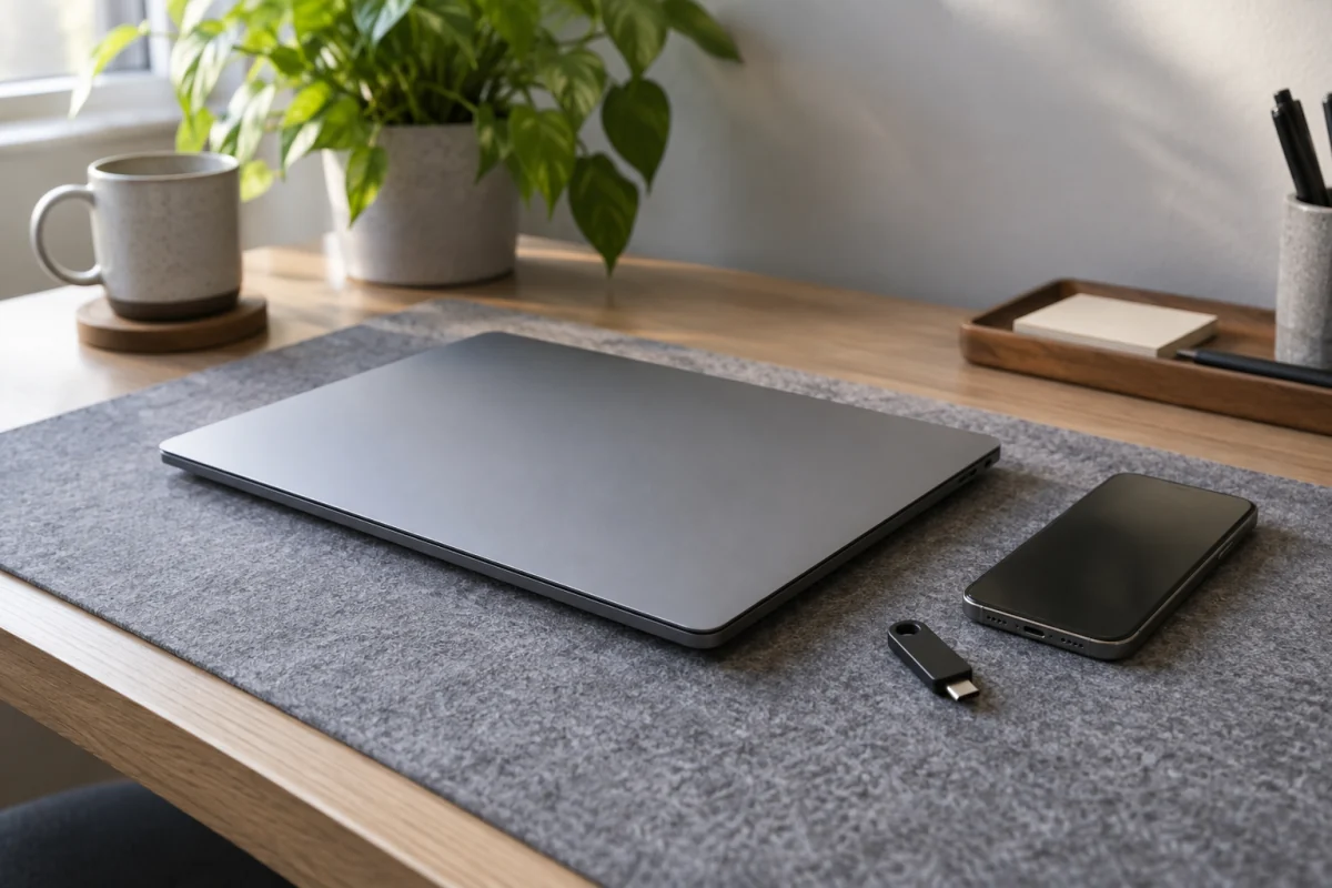 A laptop, phone and small hardware security key on a tidy desk represent everyday account security.