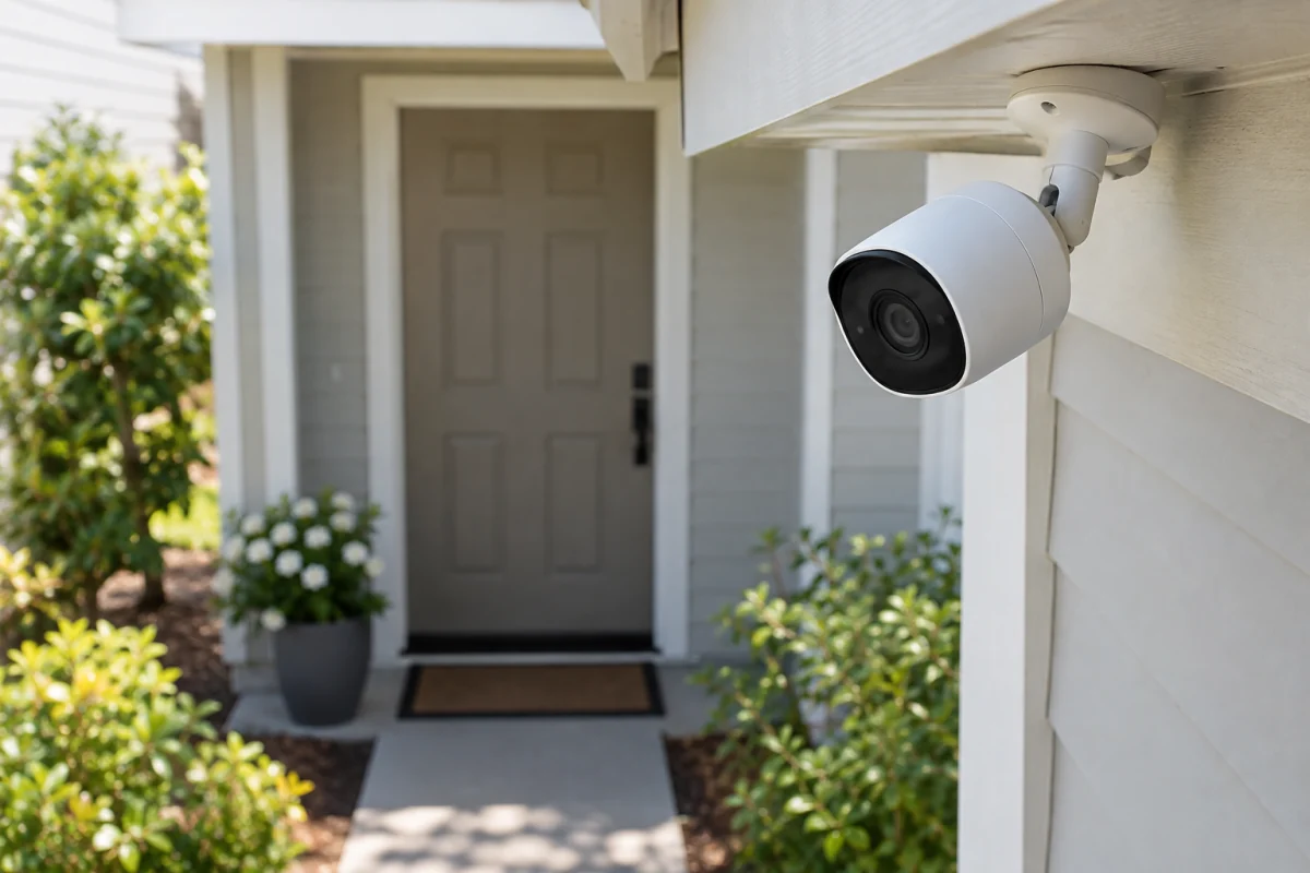 An unbranded outdoor security camera is mounted beneath an eave overlooking a private entry path.