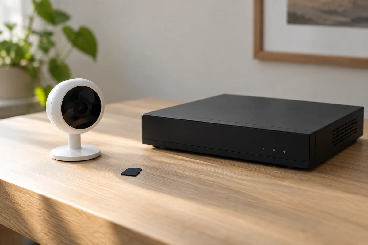 A generic camera, memory card and small network recorder show local recording hardware options.