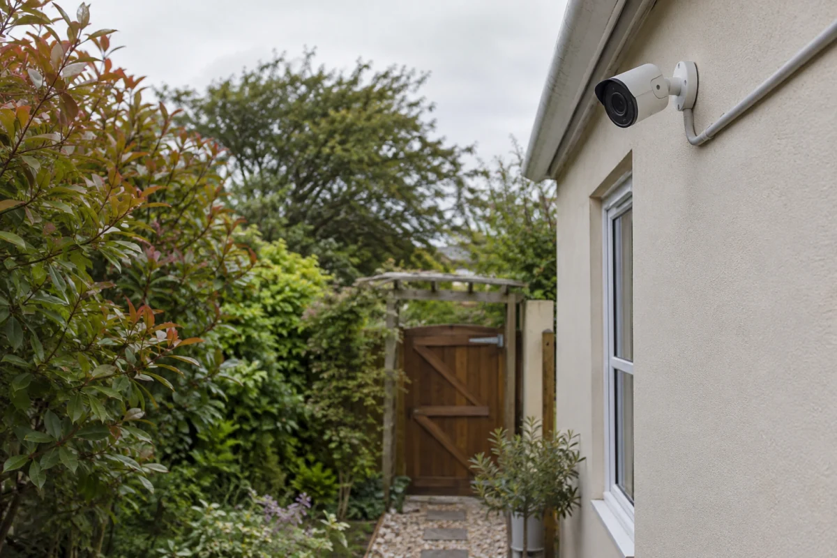 An outdoor camera mounted under an eave uses a tidy cable run along a private garden wall.