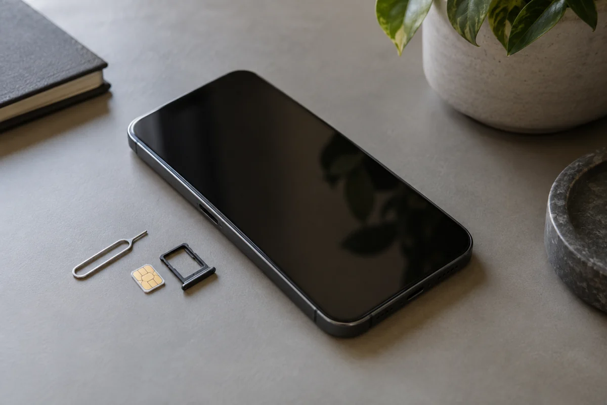 A phone with a dark screen lies beside a SIM tray, a nano-SIM card and an eject tool.