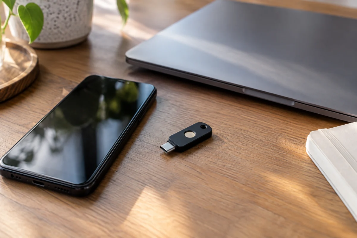 A hardware security key beside a phone and closed laptop represents stronger account sign-in.