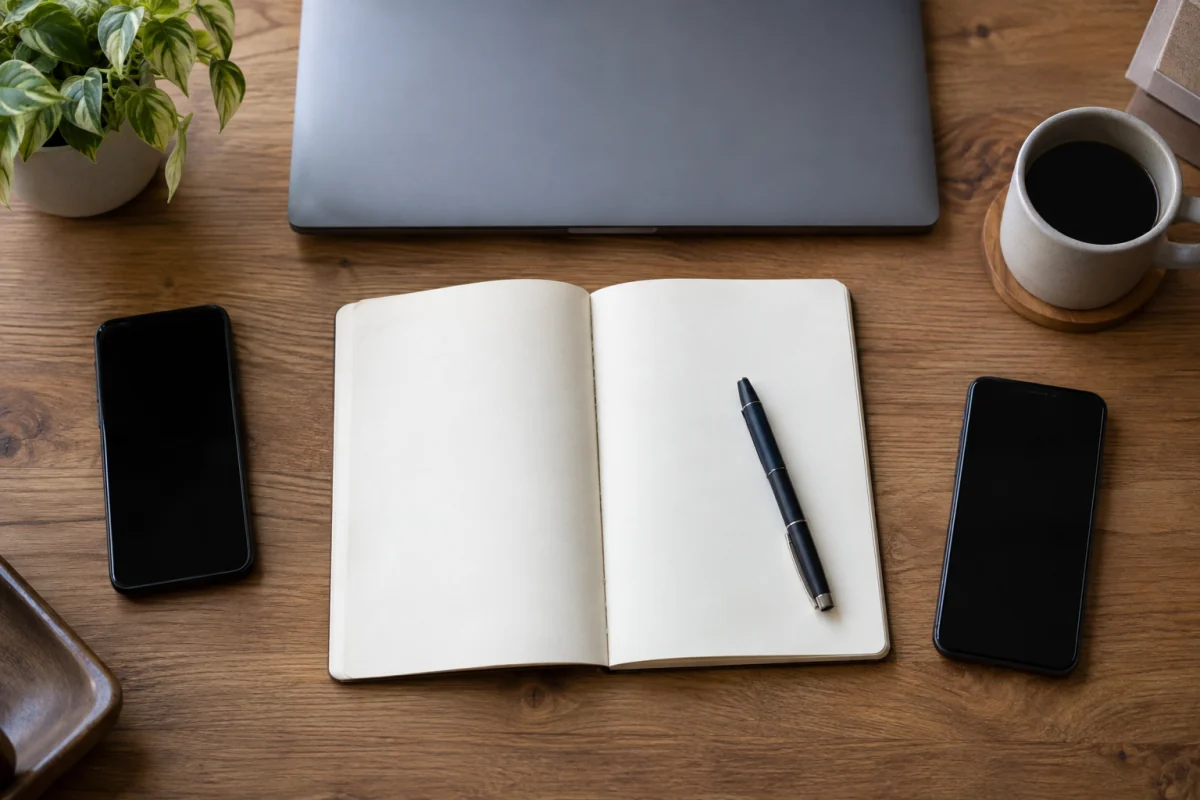 Two phones and a closed laptop are ready on a desk beside a blank notebook for recording a support call.