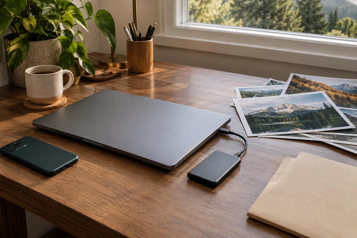A laptop, external drive and printed landscape photos on a desk illustrate preserving personal files.