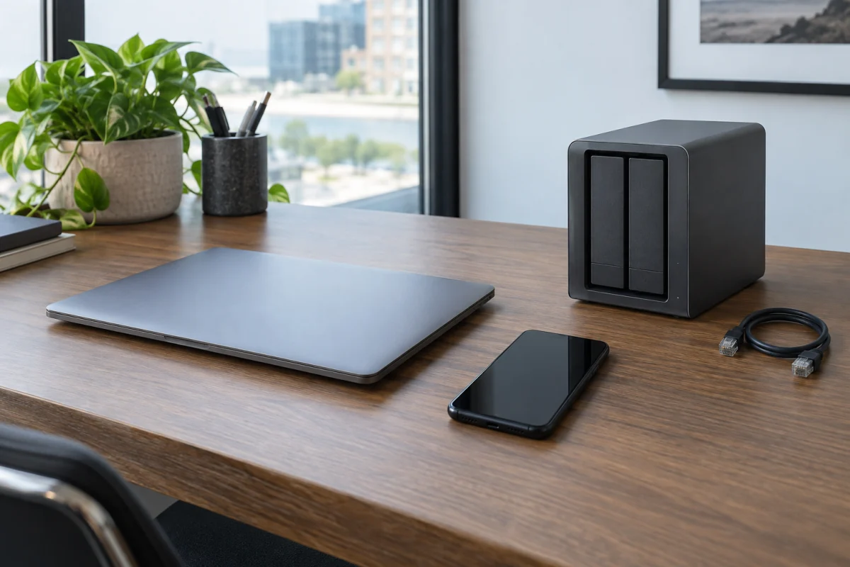 A laptop, phone and network storage box represent several devices that may need backup.