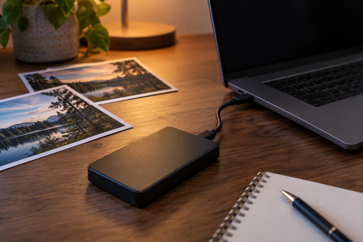 An external drive and landscape photo prints sit beside a laptop for checking a local backup copy.
