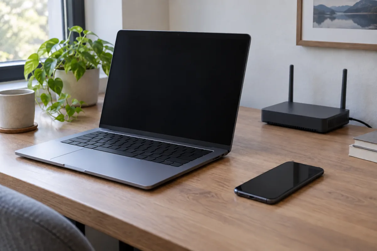 A plain laptop, smartphone and home router on a desk in natural daylight.