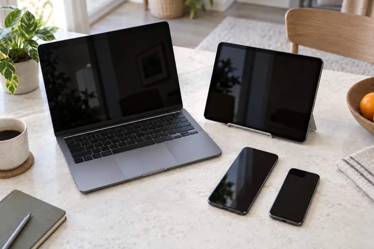 A laptop, tablet and two phones arranged together to illustrate several connected household devices.