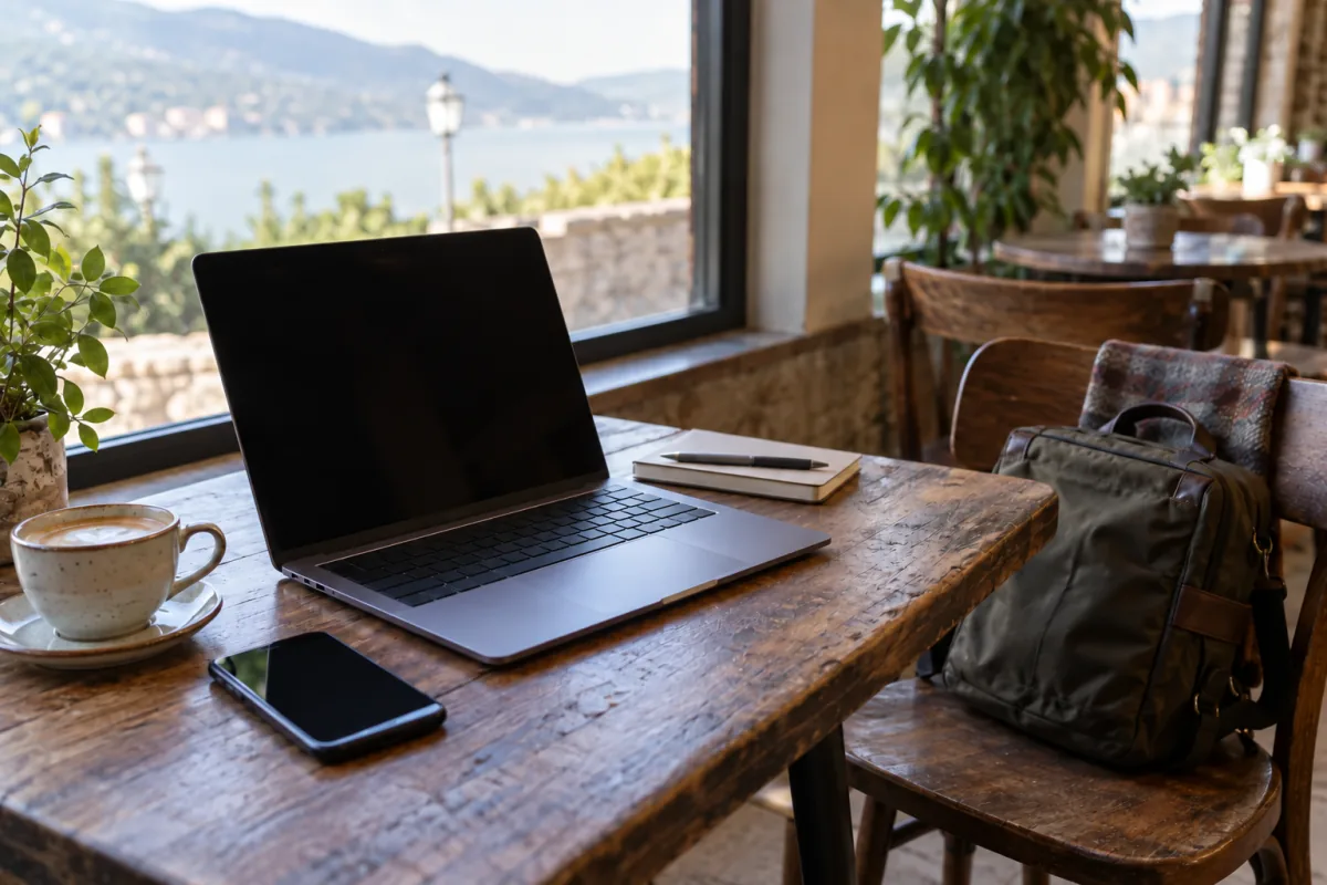 An unbranded laptop and phone on a quiet café table beside a travel bag.