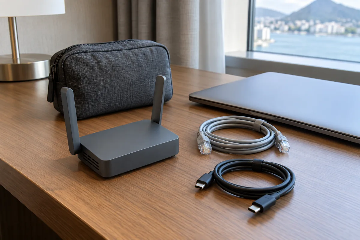 A compact travel router, coiled cables and a small travel pouch on a hotel desk.