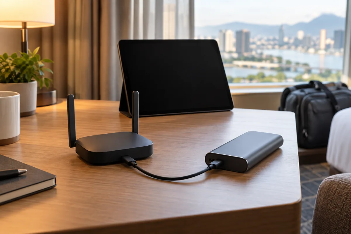 A small travel router beside a power bank and dark-screen tablet on a hotel-room desk.