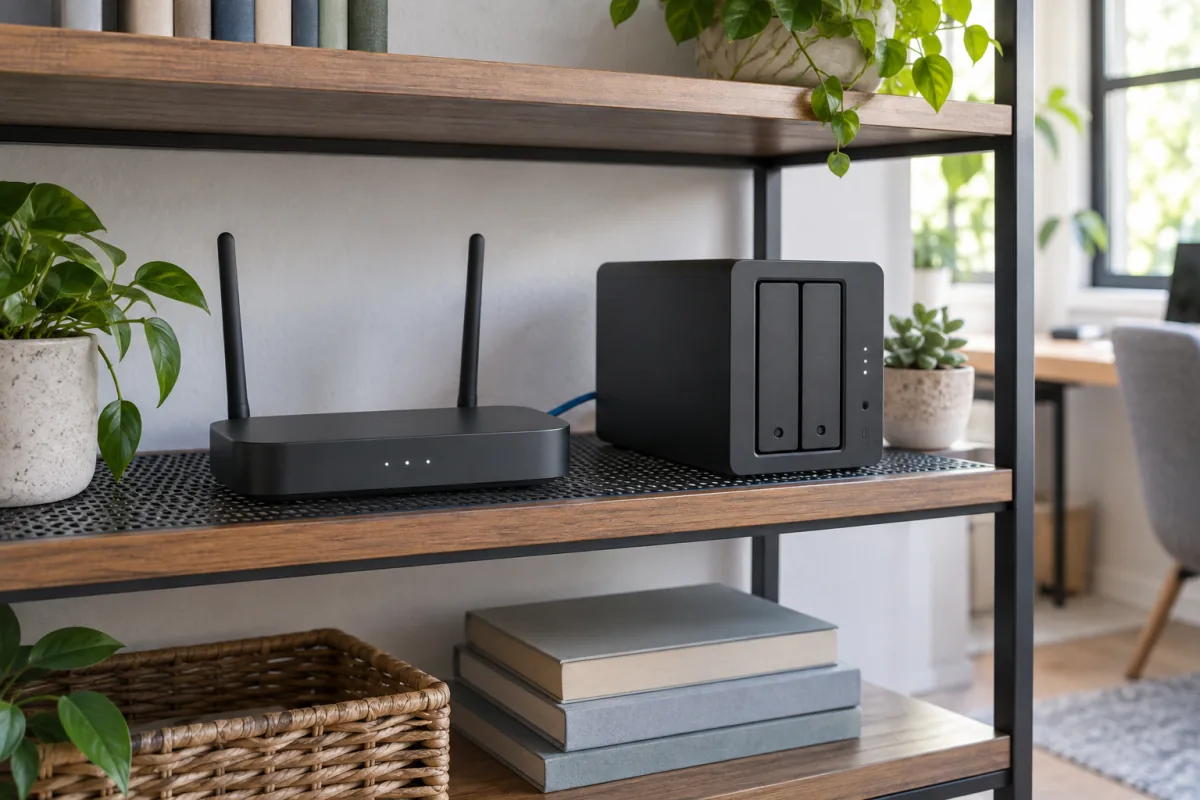 A home router and compact storage enclosure on a shelf, with tidy cables running behind them.