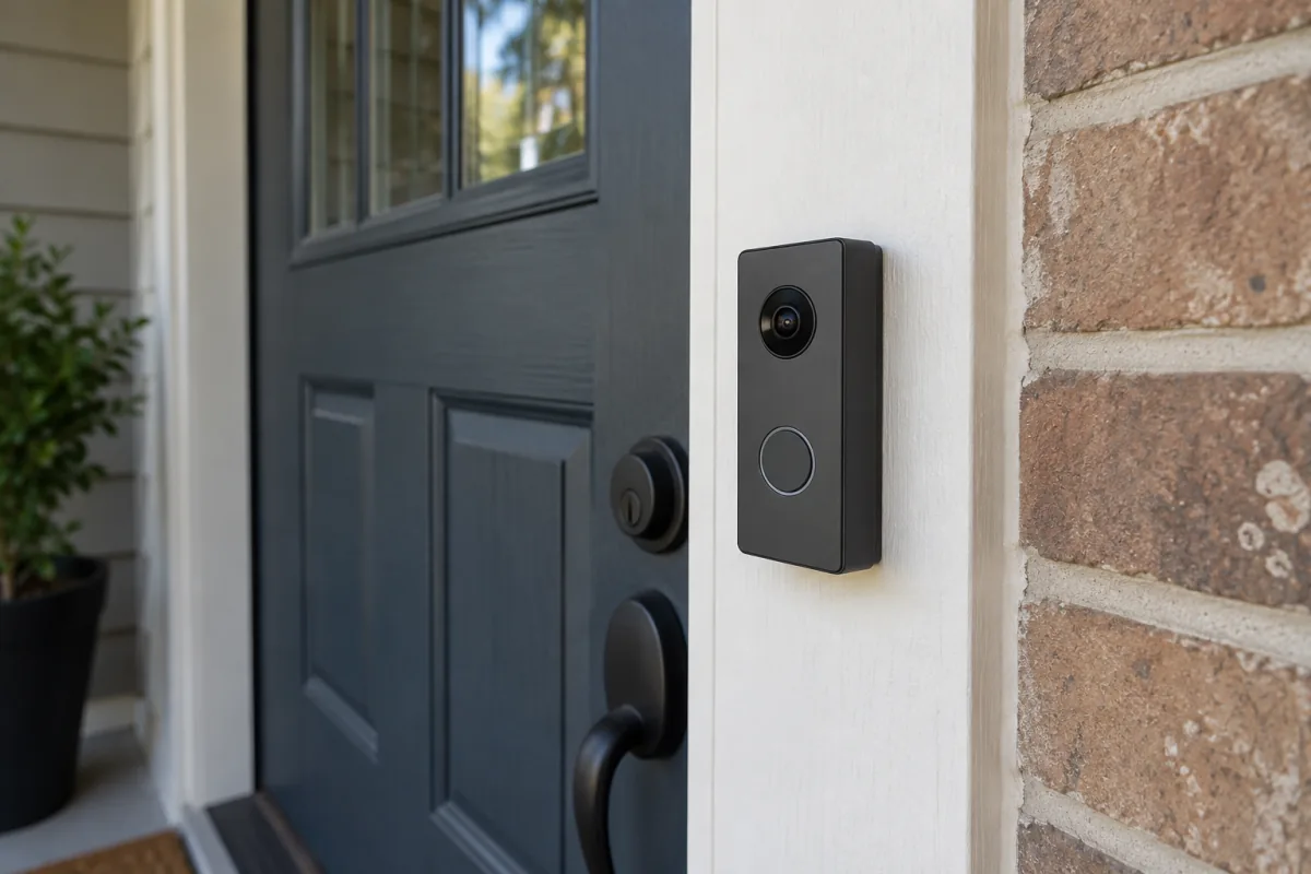 A plain video doorbell mounted beside a front door on a sheltered porch.
