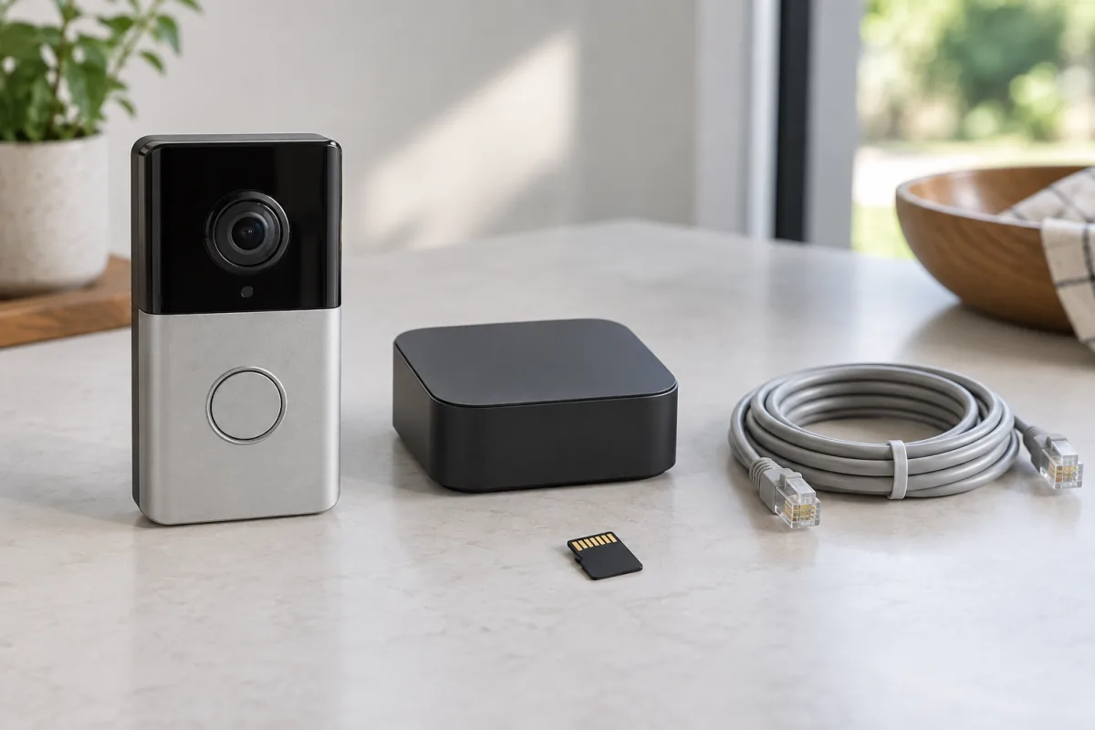A generic video doorbell, local-storage hub and unmarked memory card laid out on a table.