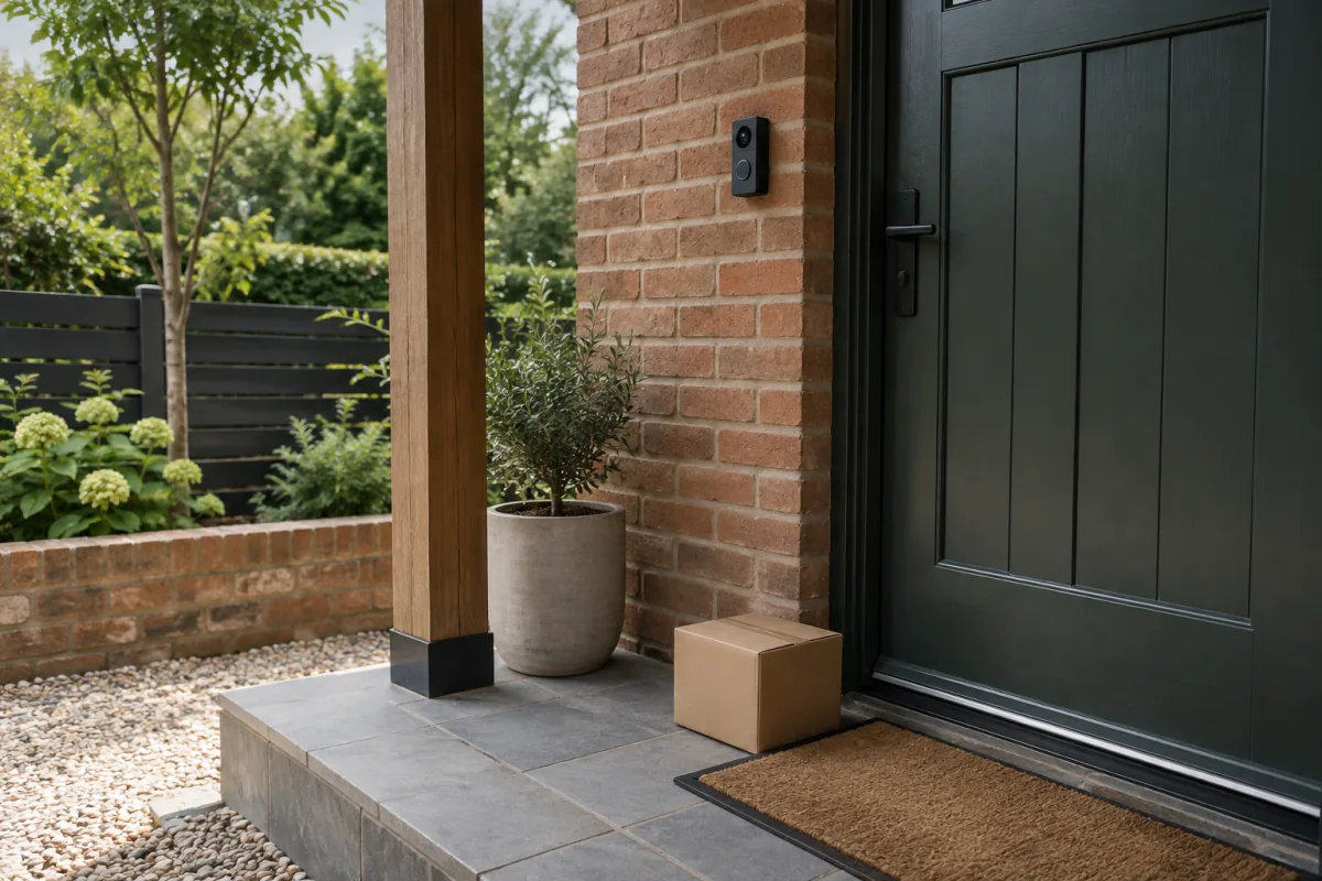 A sheltered entryway with a video doorbell directed toward the home's own porch and parcel step.