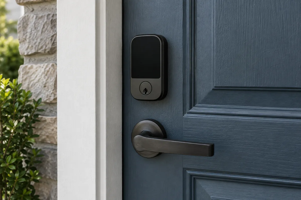 A generic smart deadbolt with an inactive touch panel fitted above a front-door handle.