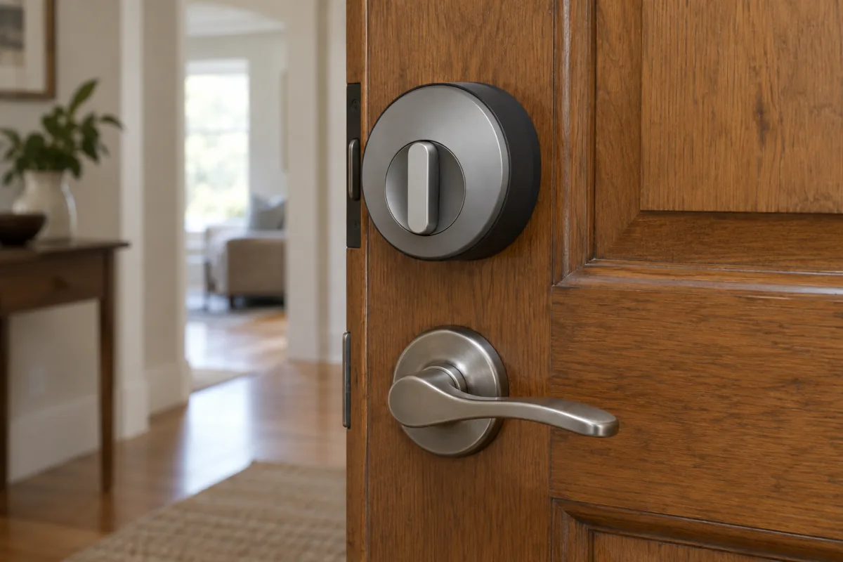 An interior retrofit lock mounted over the thumb-turn side of an existing deadbolt.